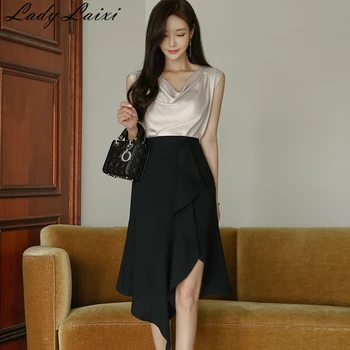 

2020 Summer Two Piece set suit Women Draped V-neck Sleeveless Solid Top+ Irregular Ruffles Black Skirt Sexy Occasion Party suit