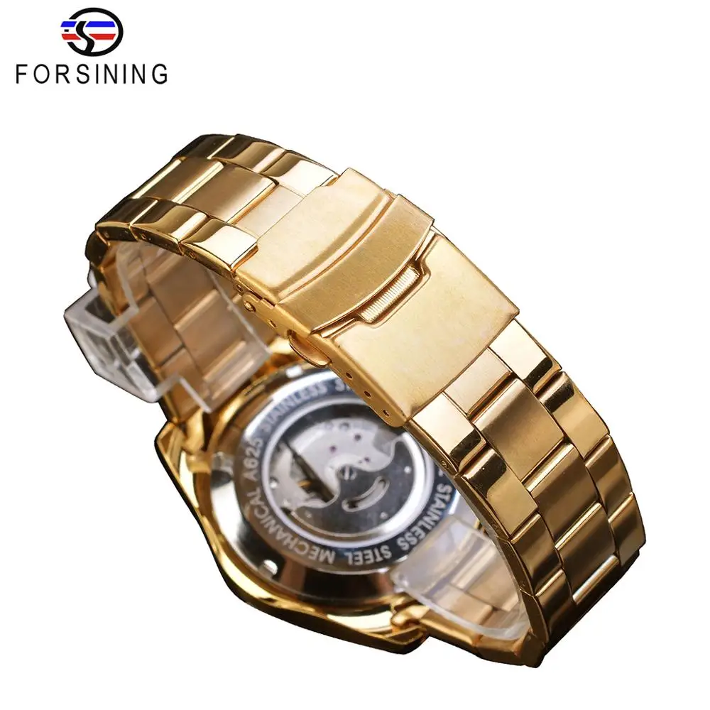 Forsining Black Business Mechanical Men Watch Automatic 3 Sub Dial Date Golden Steel Band Dress Wristwatch Clock Hour Time Reloj_voghion.com