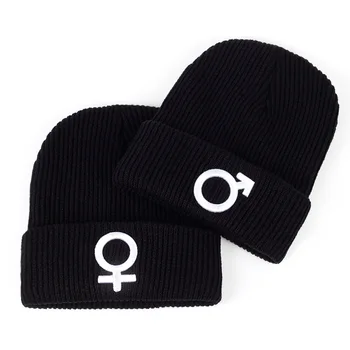 

2020 New Embroidered Hats for Men and Women In Winter Warm Black Lovers Hats Knitted Woolen Hats Plus Velvet Thick Snow Hats