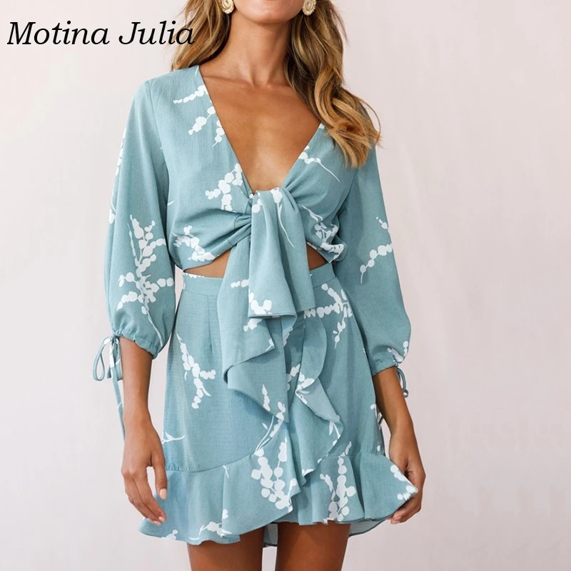 Motina Julia, новинка, весна-лето, платье с принтом, женское пляжное платье с бантом, бохо, Пляжное мини платье с оборками