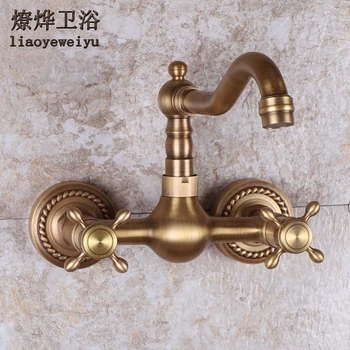 

European Copper Cold Antique Faucet Sink into the Wall Kitchen Faucet Double Tap Rotatable
