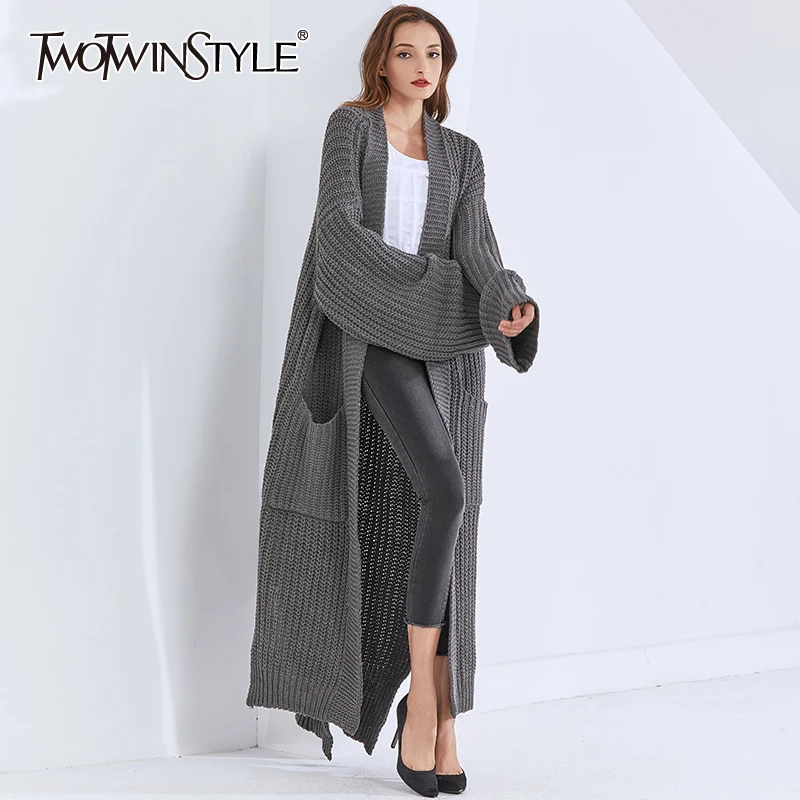 

TWOTWINSTYLE Oversized Sweater For Women V Neck Long Sleeve Side Split Knitting Cardigans Streetwear Sweaters Female 2020 Style