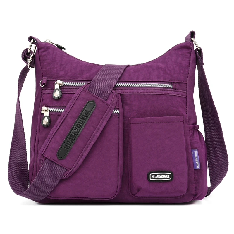 Модные женские нейлоновые сумки через плечо с несколькими карманами на молнии, сумки-мессенджеры, водонепроницаемые сумки через плечо, сумки-тоут с верхней ручкой - Цвет: Фиолетовый