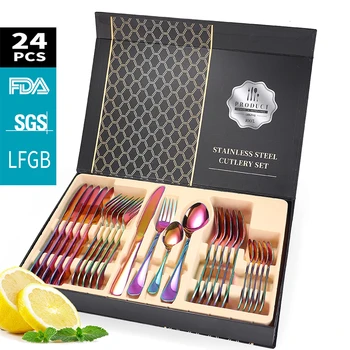 

24Pcs/set Gold Cutlery Specular Light Stainless Steel Steak Knife Fork Coffee Spoon Teaspoon Upscale Home Restaurant Cutlery Set