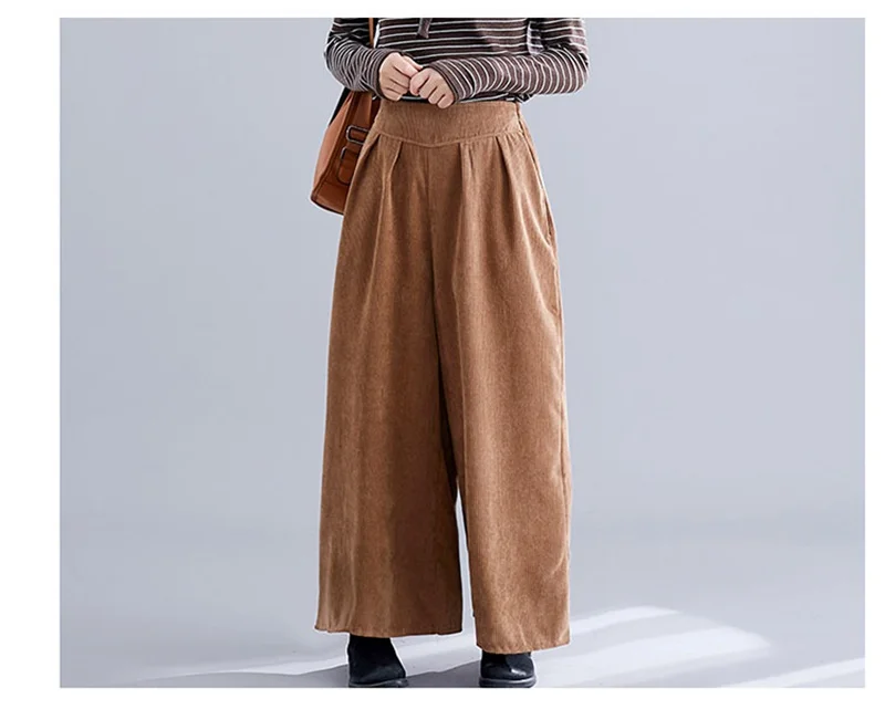 Mferlier Autumn New Corduroy Pants Women Solid Elastic High Waist Navy Blue Purple Brown Ladies Stylish Slim Wide Leg Pants