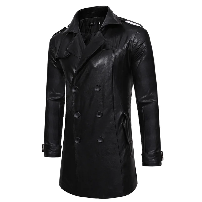 

2018 Autumn And Winter New Style Double Breasted Large Lapel Men Casual Slim Fit Long Leather Wind Coat