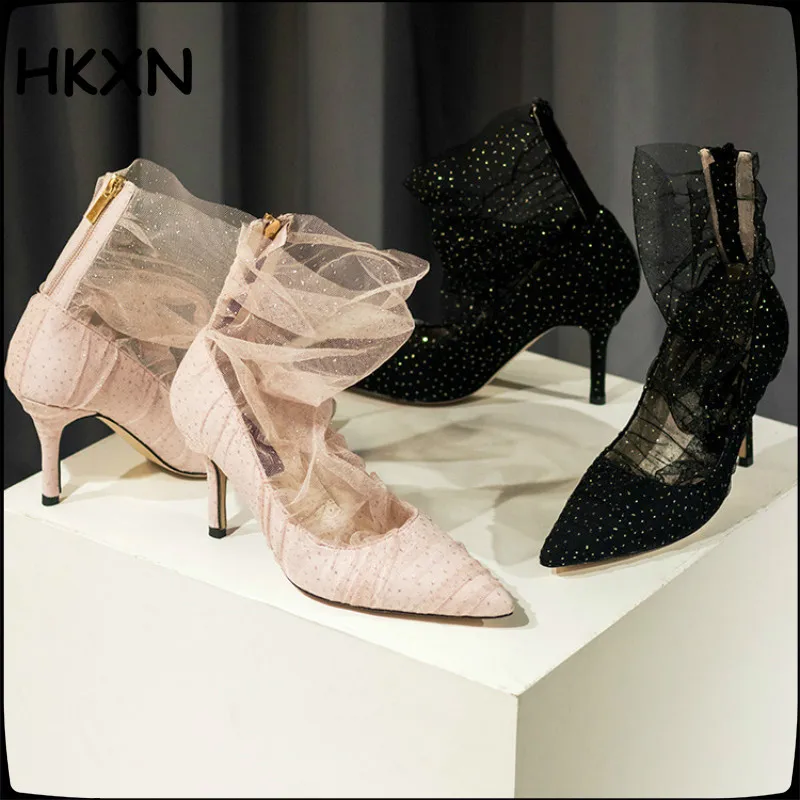 

Women's Lace Boots Sleeve Mesh High Heel Bling Bling Women's Shoes Party Pumps Zip Solid Color Pointed European Ladies Shoes