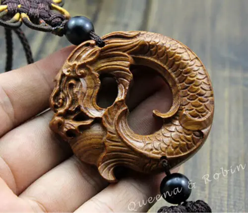 Chinese Fengshui Ebony Wood Carving Dragon Sculpture Prayer Beads Car Pendant H7