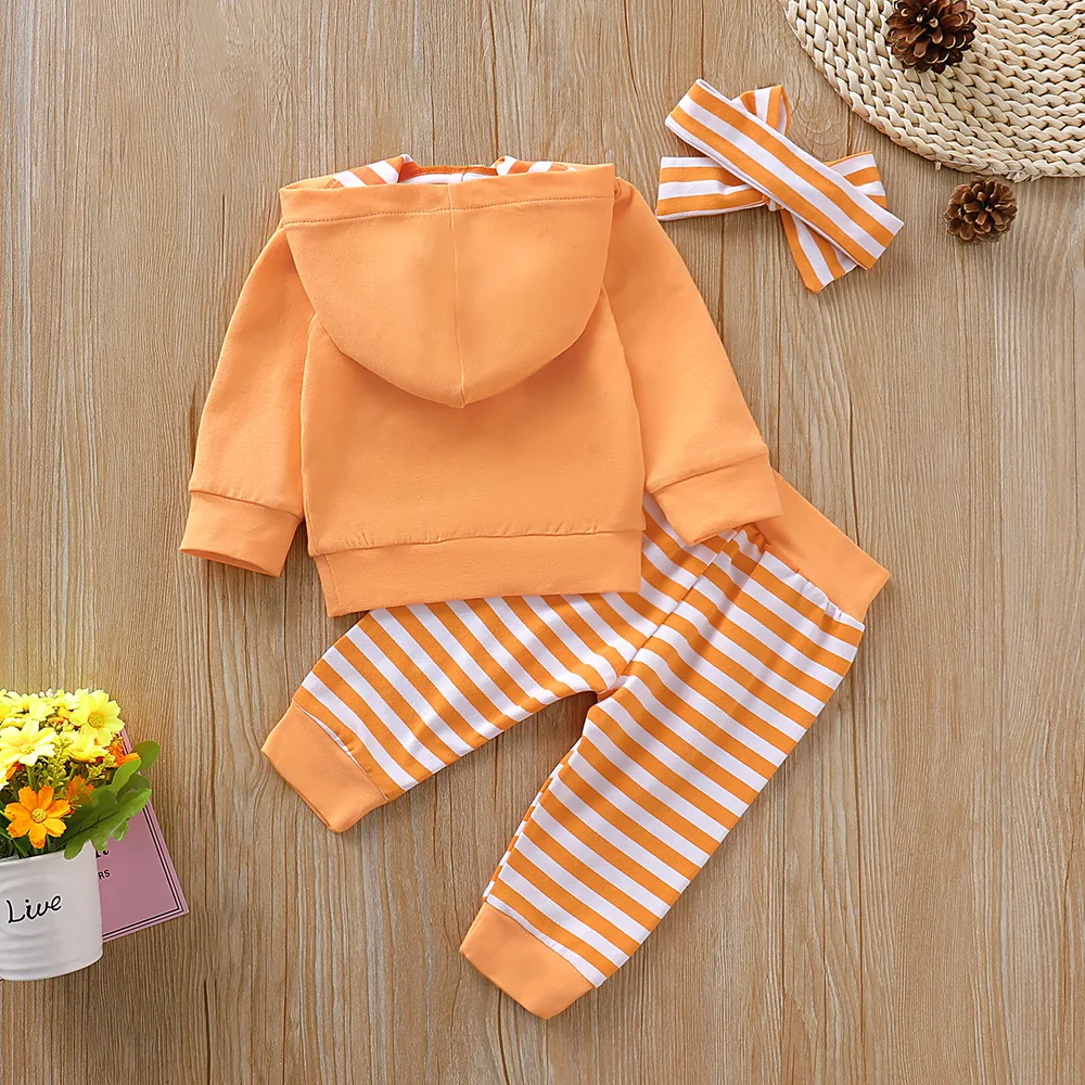 Одежда в оранжевую полоску для маленьких девочек, спортивный костюм свитер с капюшоном и принтом+ леггинсы+ набор с головной повязкой для детей 0-2 лет, D30