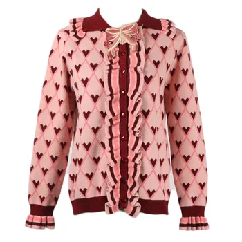 

Makuluya Women's Bow Heart-shaped Plaid Stripe Jacquard Ruffled Sweet Girls Vintage Casual Knitted Tops Sweaters Cardigan LMSL6