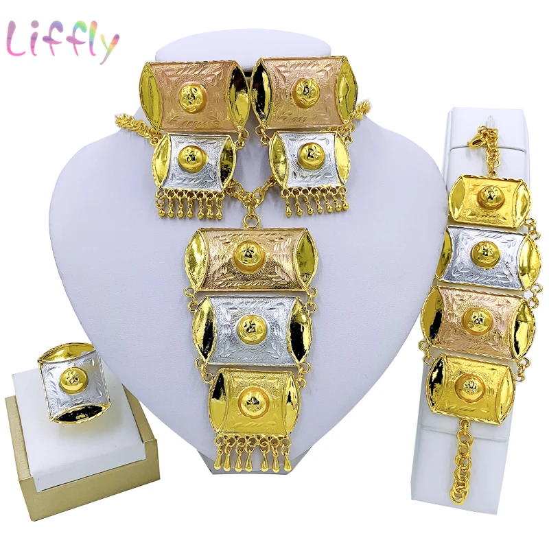 

Liffly African Elegant Women Fashion Jewelry Sets Big Necklace Bracelet Earrings Ring Luxury Jewelry Wedding gift