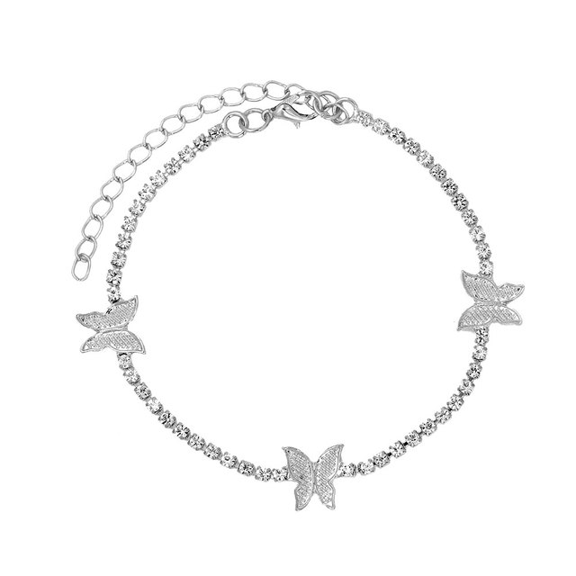 Shining Cute Butterfly Crystal Tennis Anklet for Women Gold Silver Color Boho Sandals Rhinestone Foot Ankle Chain Jewelry