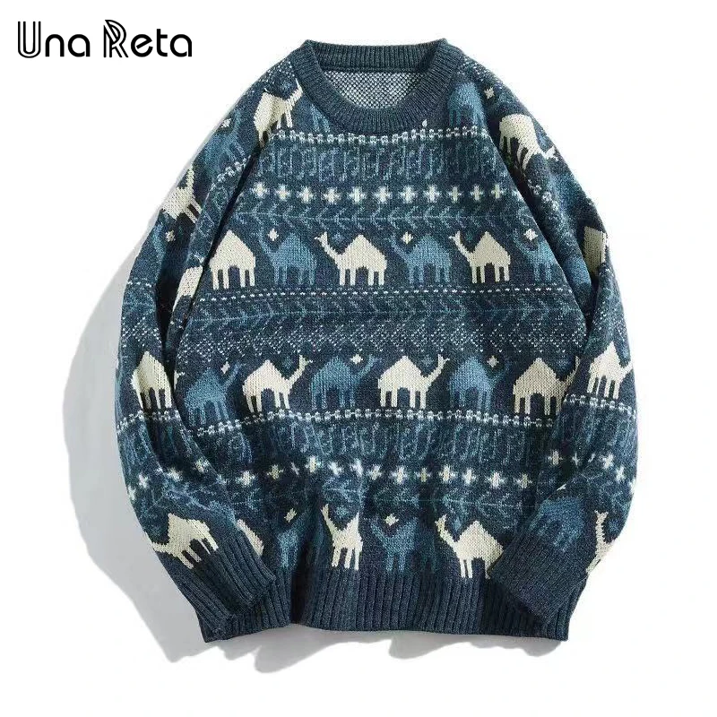 Una Reta мужской свитер Новинка Осень Зима Ретро принт пуловер мужской свитер Pull Homme Повседневный свободный мягкий свитер для мужчин - Цвет: Синий