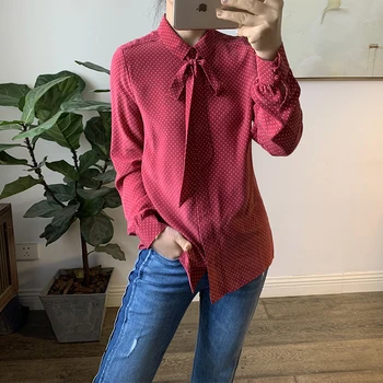 

19 100% Silk shirt with red dot ribbon Long-sleeved shirt with detachable silk tie shirt