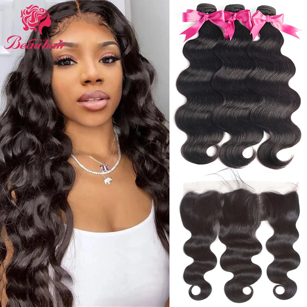 Mechones de ondas corporales con pelo humano peruano, 3 mechones con cierre Frontal, 13x4, extensión de cabello Remy con encaje Frontal