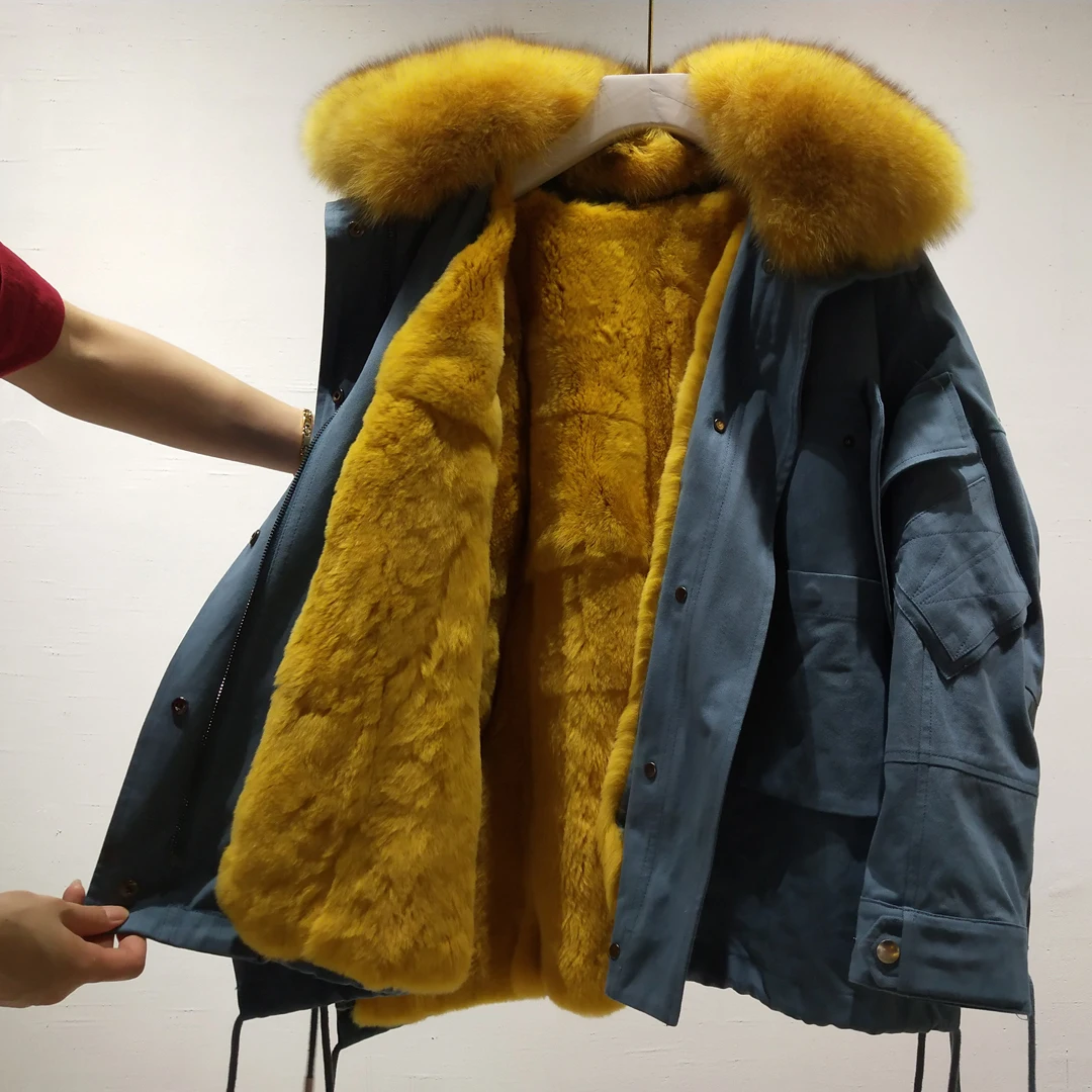 Парка Настоящее меховое Женское пальто winter2019 натуральный настоящий мех кролика Подкладка Верхняя одежда с натуральным лисьим меховым воротником плюс размер Одежда