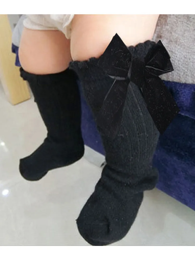 Autumn Winter New Born Baby Kids Soft Cotton Stockings Solid Color Girls Infant Warm Bowknot Leggings Knee High Sock