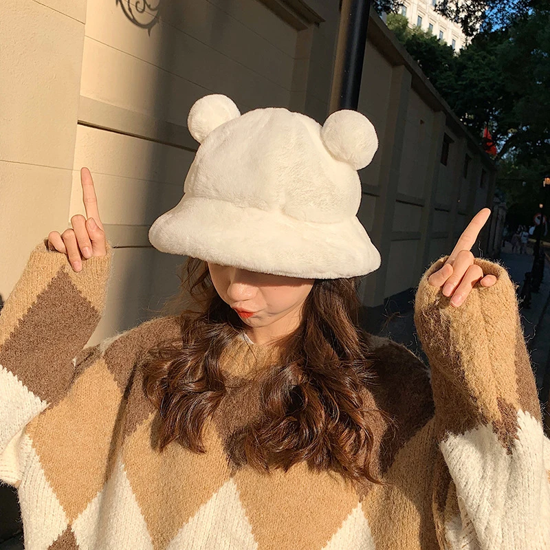 Women Fur Bear Ear Bucket Hat Ball Plush Soft Thick Caps Leopard Fisherman Hat Cute Autumn Winter Warm Outdoor Protection black bucket hat