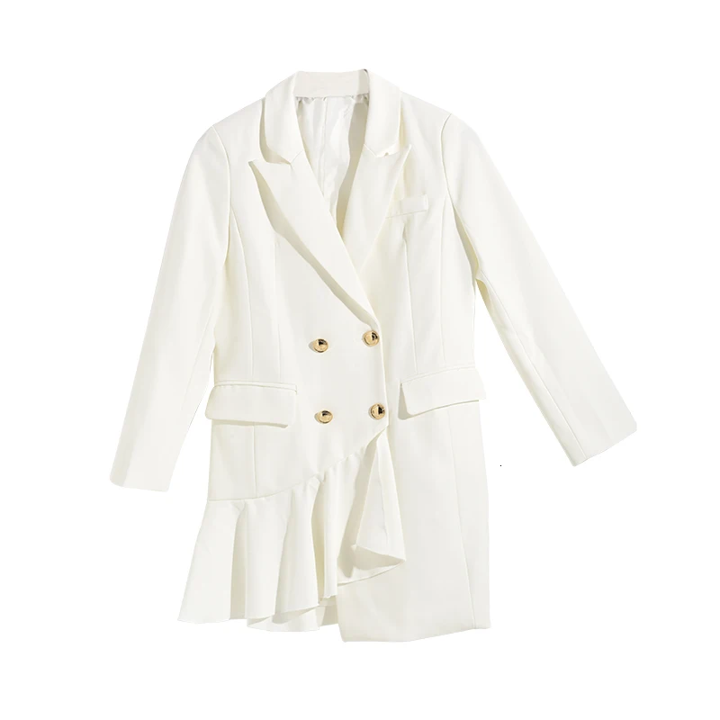 [EAM] Новинка, весенне-осенняя куртка с отворотом, длинным рукавом, оборками, неровным разрезом, свободная, длинная, Темпераментная Женская куртка, модное пальто WF5670