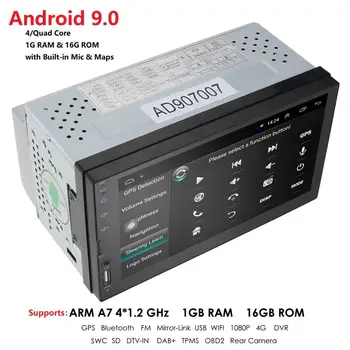 

Android 9.0 Doppel Din Autoradio Navigation DAB+ USB Bluetooth 4G WiFi DVB-T2 EU stock Support OBD DVR SWC DTV WIFI CAM MIC MAP