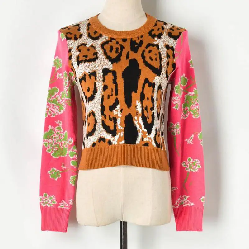 

Red RoosaRosee Autumn Designer Women Long Sleeve Leopard Flower Short Knitted Sweater Elegant Lady Casual Pullovers Sweater 2019