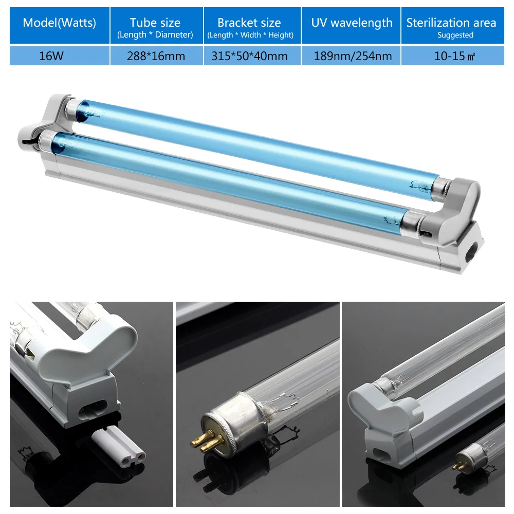 UV Disinfection Lamp UV Sterilization Lamp 16W/220V Ultraviolet Germicidal Lamp UVC Sterilizer Kill Dust Mite Eliminator 254nm Double-sterilized UV Quartz Lamp For Home