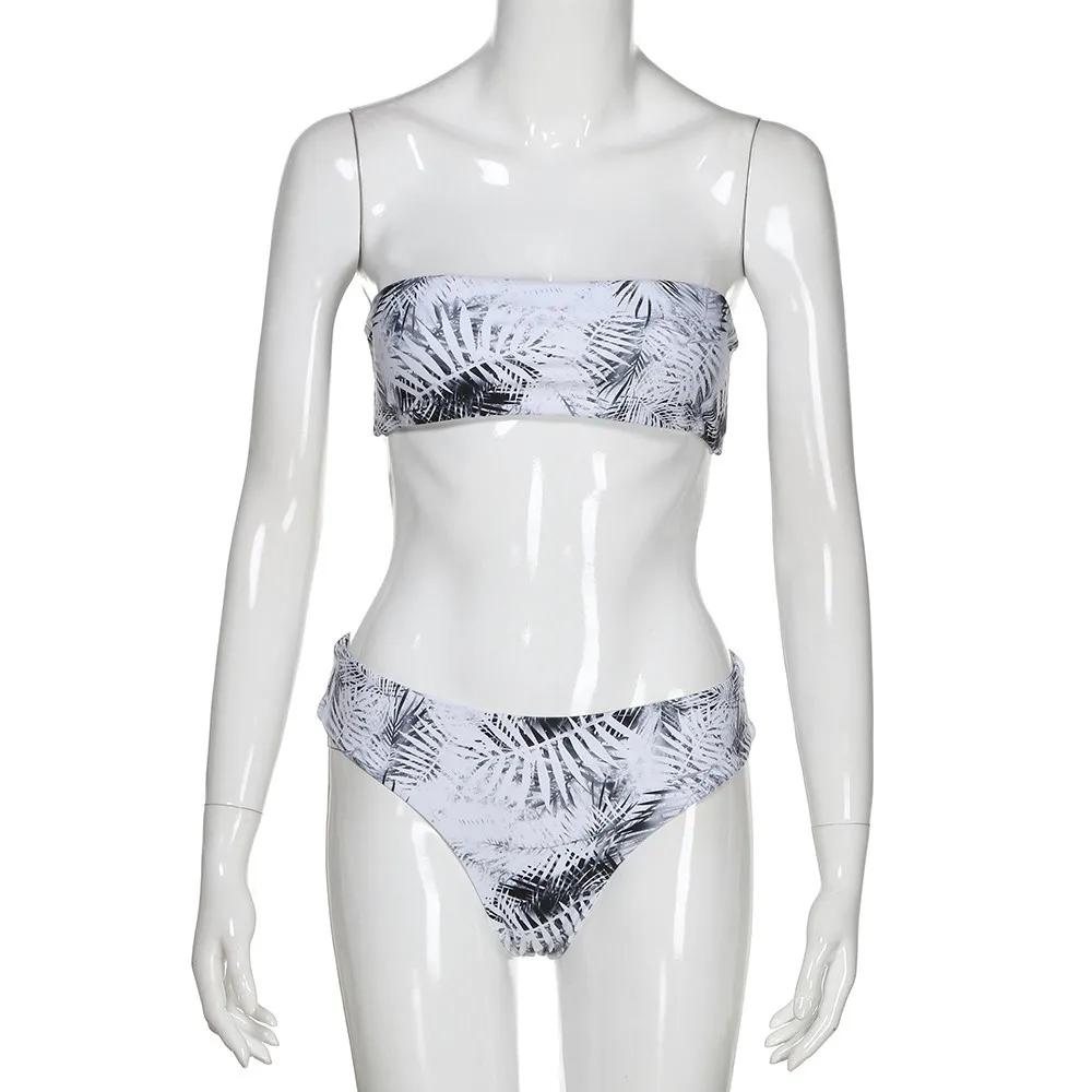 JAYCOSIN women swimwear Simple Leaf Print Bikini Beach Bathing Sports Sexy Thin Tube Top Fashion Bikini Swimsuit Hot Sale White