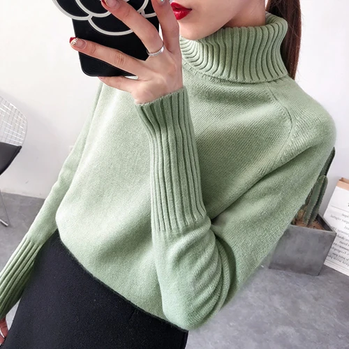 Осень-зима, Женский пуловер, свитер, вязаный, эластичный, повседневный джемпер, тонкий, водолазка, теплый, женский свитер, Pull Femme - Цвет: green