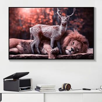 

Docile Lion and Deer Canvas Paintings on The Wall Modern Animals Posters and Prints Cuadros Picture for Living Room Decoration
