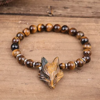 

Round Natural Stone Mala Beads Yoga Bracelet.Tiger Eye Stone Paved Fox Head Handmade Elastic Bracelet Healing Jewelry N0313AMBC
