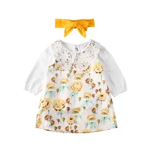 Комплекты одежды для новорожденных девочек от 0 до 24 месяцев кружевные футболки из 3 предметов Топы+ платье на бретелях с цветочным принтом+ повязка на голову