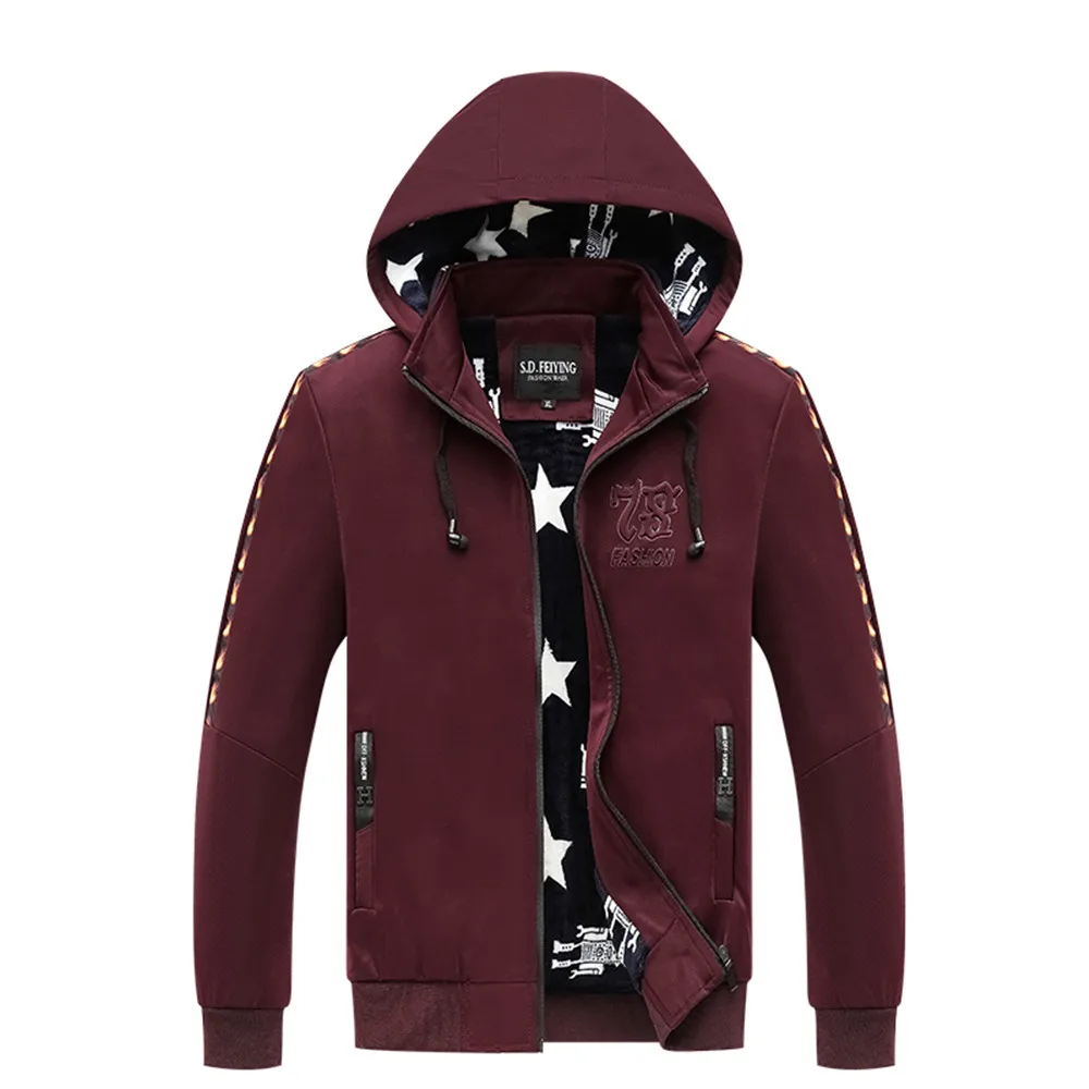 Jujube Red Mens Cold Protection Standing Collar Men Plus Velvet Jacket Keep Warm Coat Streetwear Printing Jackets Male New Fashion Clothing - Цвет: Jujube Red
