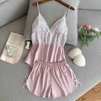 

Sexy Homewear Intimate Lingerie Sleepwear Lady Burgundy Patchwork Lace Satin Nightwear 2PCS Pajamas Suit Summer New Nightwear