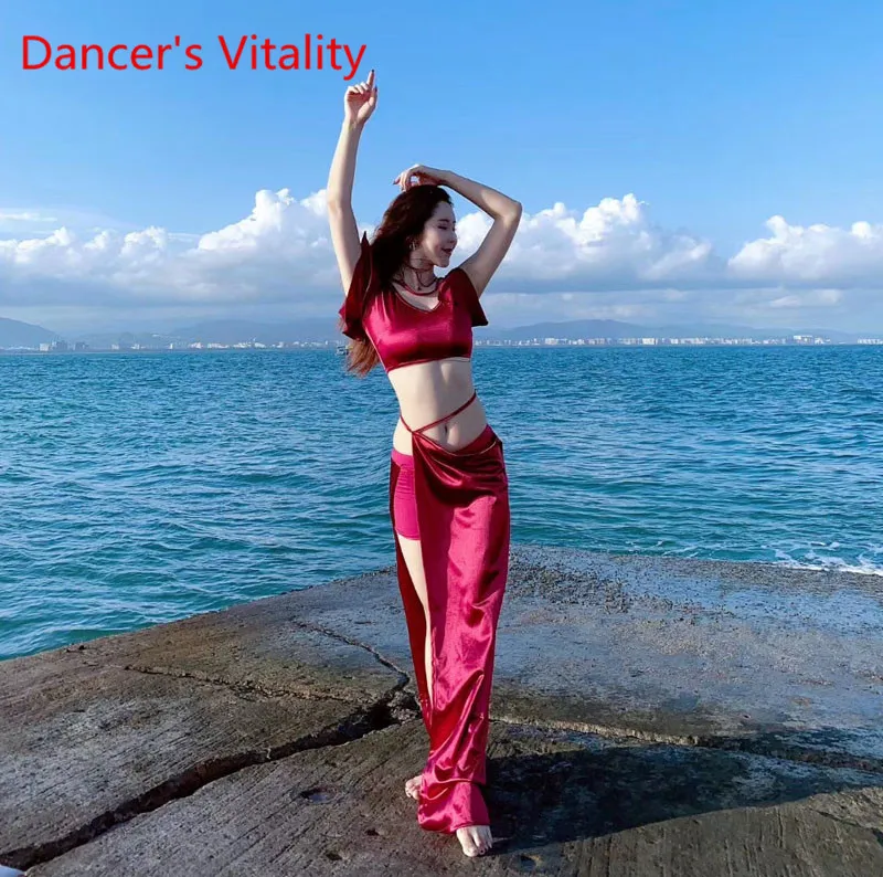 

2020 Female New Belly Dance Practice Suit Sexy Satin Short Sleeves Top Long Hip Skirt Performance Dancing Set Women Dancing Skir
