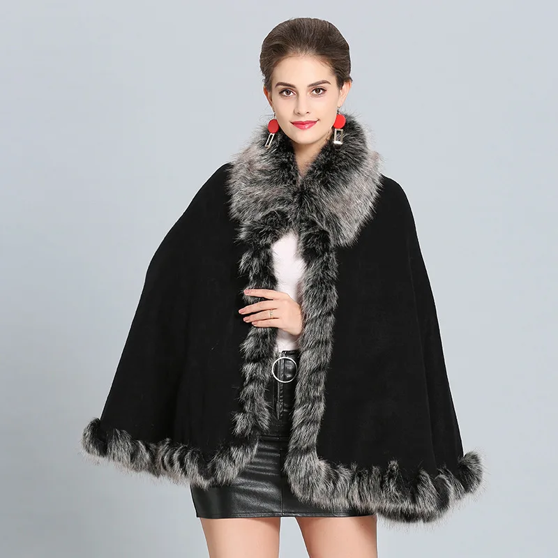 

Mingjiebihuo New fashion women's fashion solid temperament wild shawl warm thick comfortable soft loose long fur collar poncho