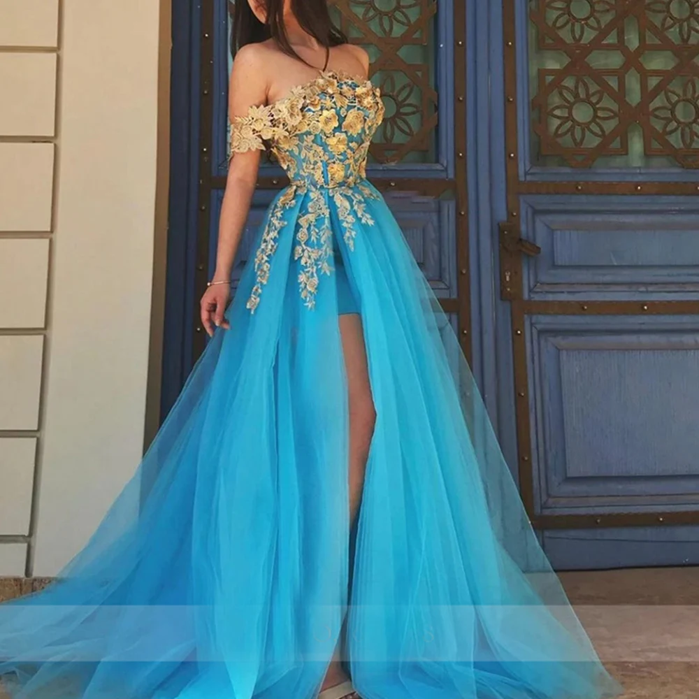 

Off the Shoulder Golden Lace Applique Blue Tulle Evening Dress Sexy Front Slit Elegant Prom Dress vestidos de novia платье