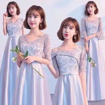 

Gray Bridesmaid Dresses Lace Embroidery A-Line Floor Length Formal Vestidos V-Neck Half Sleeve Women Wedding Party Gowns R045