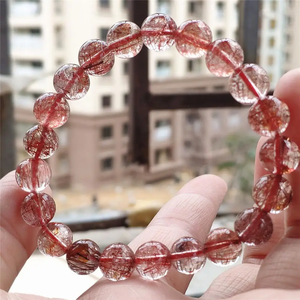 

9mm Top Natural Copper Rutilated Quartz Crystal Clear Stretch Round Beads Bracelet Wealthy Stone Jewelry From Brazil AAAAA