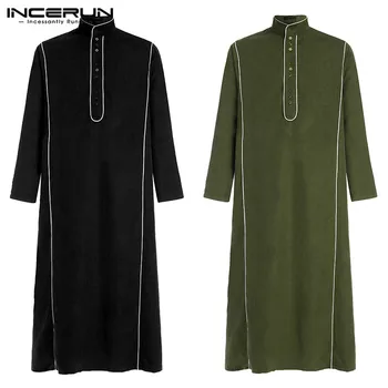 

INCERUN Mens Muslim Clothes Islamic Kaftan Retro Long Sleeve Stand Collar Solid Robes Button Saudi Arabia Men Jubba Thobe S-5XL
