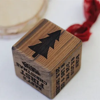 

Mountain Baby's First Christmas Tree Ornament, Lumberjack child Baby block, Ribbon top Wood baby Cube, baby boy Christmas gift