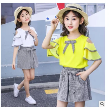 

Summer Girls Sets Two Pieces Kids Clothes Set T Shirt & Pants plaid Children Clothing 4 5 6 7 8 9 10 11 12 13 14 Years