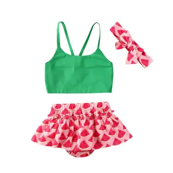 

Pudcoco Newborn Baby Girl Clothes Solid Color Sling Crop Tops Watermelon Print Ruffle Short Pants Headband 3Pcs Outfits Clothes