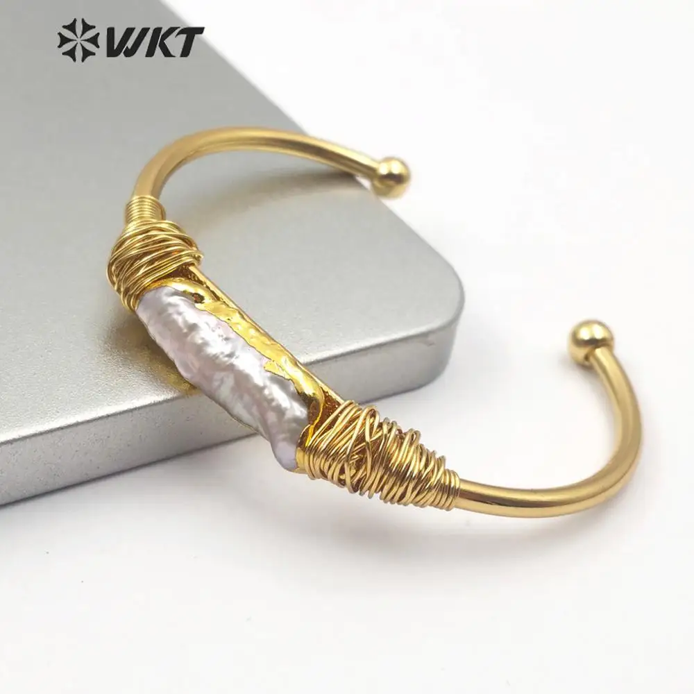 WT-B489 натуральный пресноводный жемчуг браслет из проволоки Золотая отделка жемчуг Золотой Гальванизированный браслет бижутерия для женщин