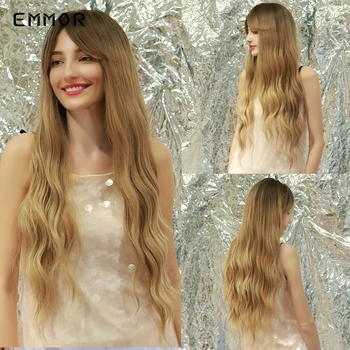 

Emmor Long Brown Root Melt Ombre Ash Blonde Water Wave Synthetic Hair Wigs with Bangs High Temperature Daily Wig for Women