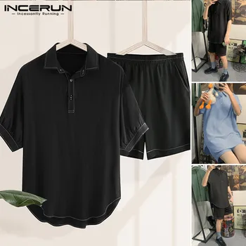 

INCERUN Men Leisure Suits Short Sleeve Shirts Short Bottoms Set Casual Turn Down Collar Solid Color Suit Man Fashion Chic Sets
