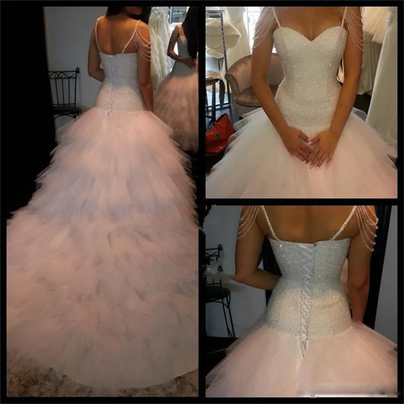 

Spaghetti Strips Slim Waist Tulle Puffy Wedding Dresses Lace Up Back Puffy Bridal Gowns Custom Made Tiered Bride Wedding Gowns