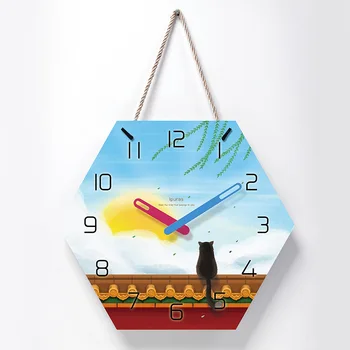 

Acrylic Lanyard Wall Clock Hexagon 14 Inch Chinese Creative Landscape Silent Wall Clock Suitable for Living Room Office