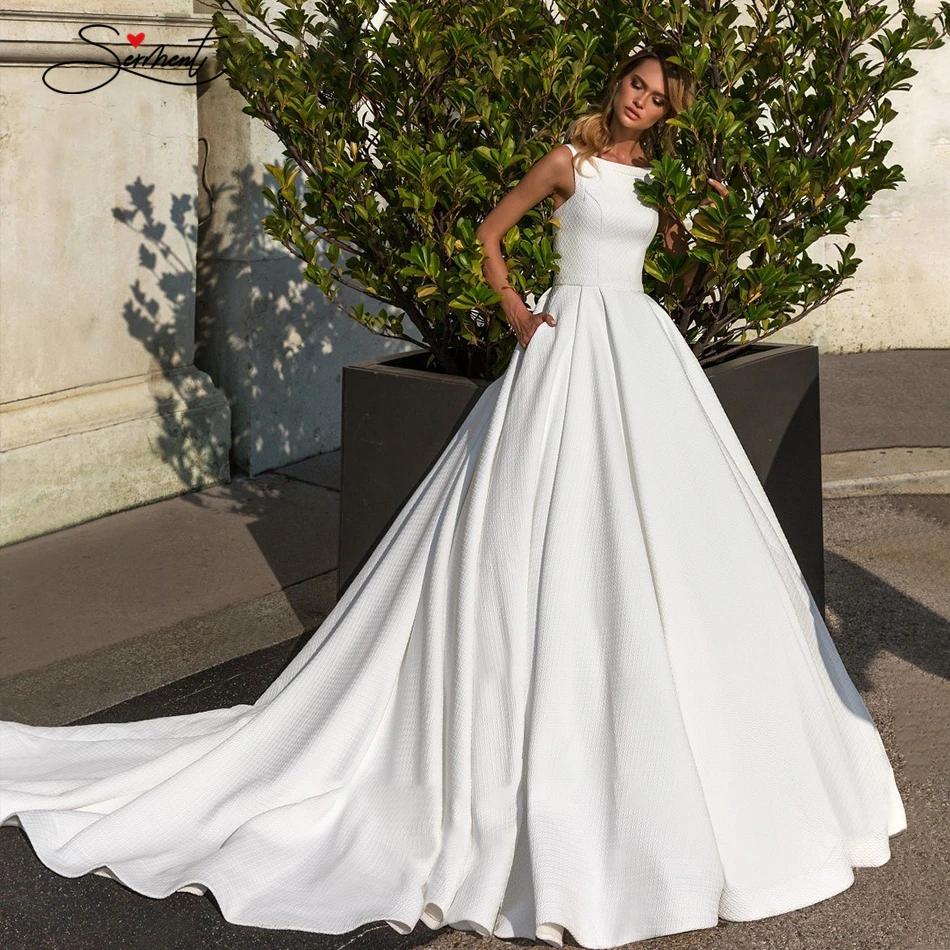 

OllyMurs 2020 Sleeveless Round Neck Simple Satin Wedding Dress Wide Shoulder Strap Fashion Bride Support Tailor-made