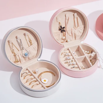 

Mini Portable Round Jewelry Box PU Leather Travel Jewelry Case Organizer Necklace Bracelet Earring Holder Organizer Box