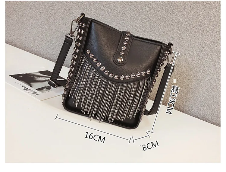 Punk Fashion Crossbody Shoulder Bags Rivets Tassels Women Handbag Rock Small Messenger Bag for Girls PU Leather High Quality